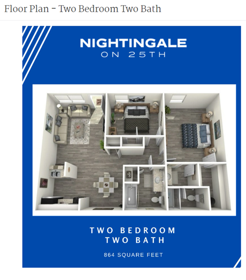 Floor plan for 2 beds, 2 baths, 864 sqft